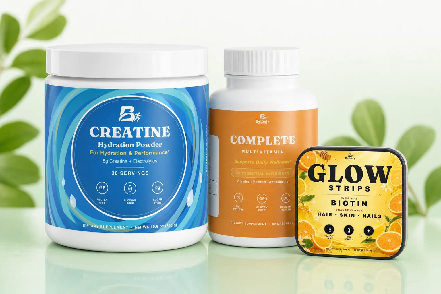 Betterly Nutrition lineup — Creatine Hydration Powder, Complete Multivitamin capsules and GLOW biotin strips together on one shelf