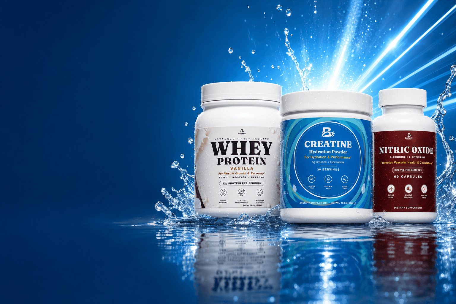 Betterly Whey Protein, Creatine Hydration and Nitric Oxide with water splashes on an electric blue field