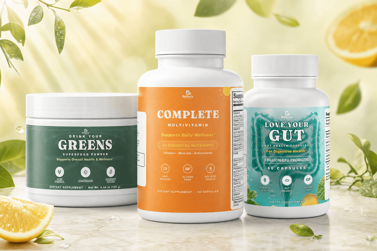 Betterly Complete Multivitamin, Greens Superfood and Gut Health in bright morning light