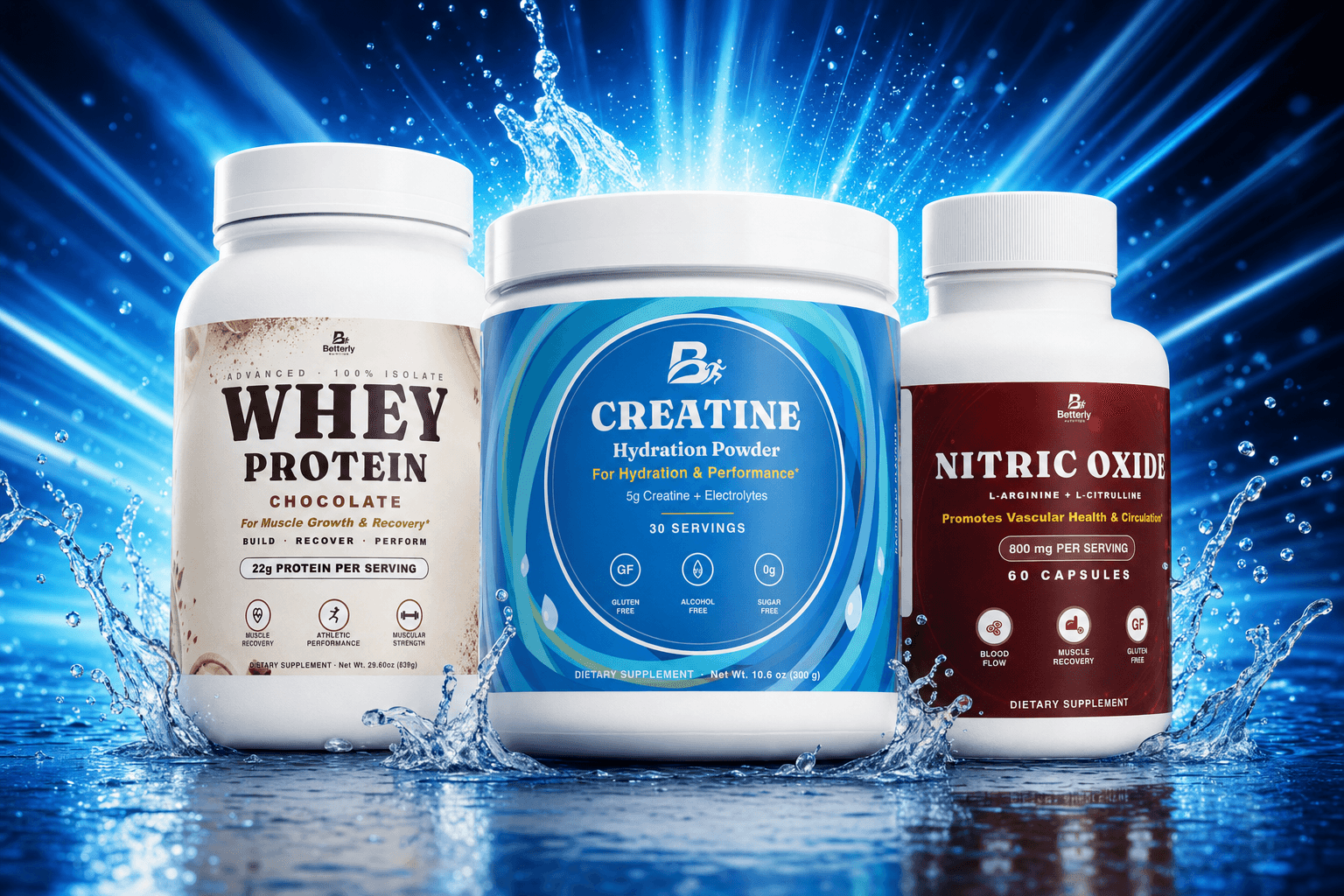 Betterly Whey Protein, Creatine Hydration and Nitric Oxide on an electric blue splash background